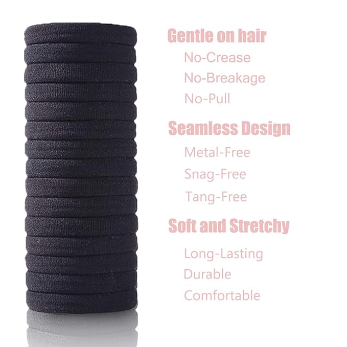 100PCS No Damage Hair Ties For Women Girls Men Kids Toddler - Soft Seamless Hair Ties For Thin & Fine Curly Hair - Black Rubber Bands For Hair No Pull Ponytail Holder
