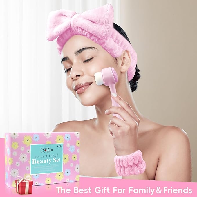 Spa Headband for Washing Face, Skincare headband and wristband set, Facial Cleansing Brush, 2-in-1 Skin Care face Brush, Come with a Hair Scrunchie, For Massaging Makeup Skincare -Pink
