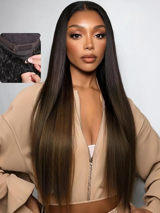 YIROO Bye Bye Knots Chestnut Brown Ombre Light Yaki Straight Wig Human Hair,7x5 Lace Front Glueless Wig with Drawstring,Pre Cut Pre Plucked Pre Bleached Knots Natural Hairline Wig for Women 26Inch