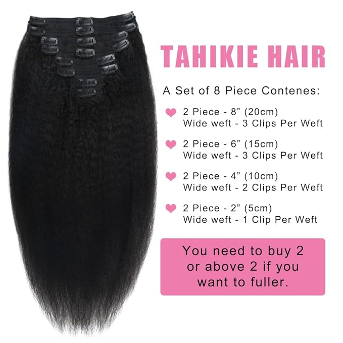 Kinky Straight Human Hair Clip in Extensions 120g Full Head Clip ins for Women 100% Unprocessed Brazilian Virgin Human Hair Yaki Straight Clip ins Remy Hair Natural Black 8Pcs 18Clips 14inch