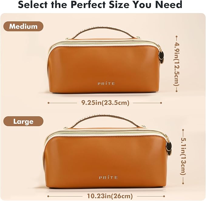 Prite Makeup Bag for Women Travel Waterproof Vegan Leather Cosmetic Bag Open Flat Toiletry Bag With Clear Divider and Handle (Brown)