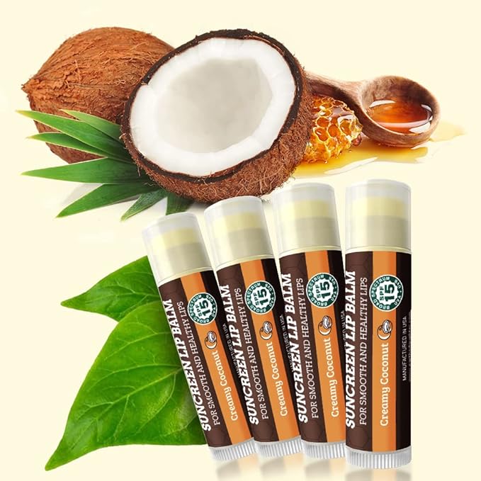 SPF Lip Balm 4-Pack by Earth's Daughter - Lip Sunscreen, SPF 15, Organic Ingredients, Coconut Flavor, Beeswax, Coconut Oil, Vitamin E - Hypoallergenic, Paraben Free, Gluten Free, New