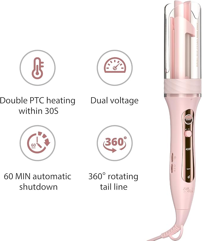Zavarea Automatic Rotating Curling Iron for Long Hair - 1 Inch Curling Wand for Beach Waves & Loose Curls, Easy Hair Curler for Beginners, Anti-Scald & Frizz-Free, Dual Voltage for Travel