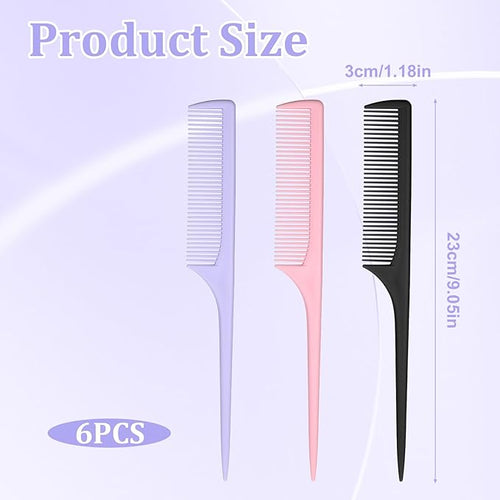 6 Pcs Rat Tail Combs, Fine Tooth Parting Tip for Women, Carbon Fiber Root Teasing Anti Static Hair Comb for Root Teasing Back Combing Adding Volume Evening Styling, Two each of pink, purple, and black