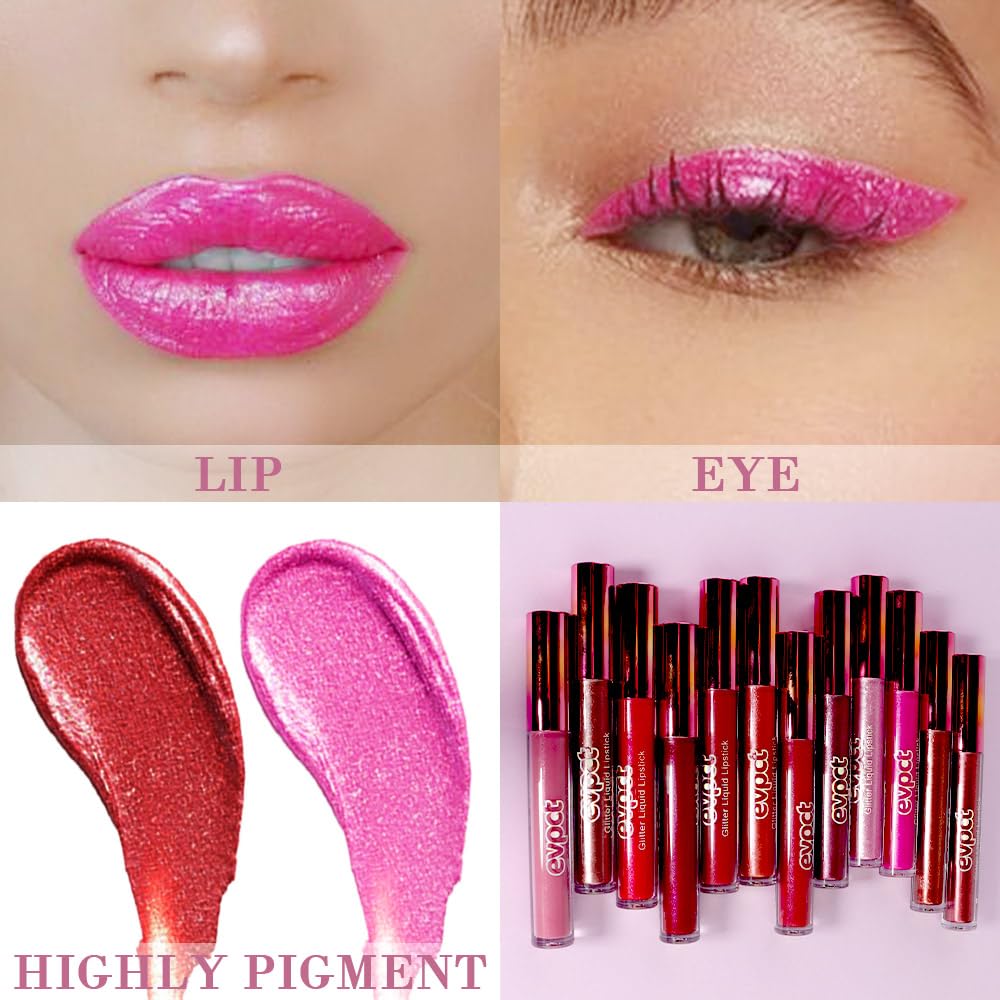 evpct 2Pcs Ruby Red Rose Pink Matte to Glitter Liquid Lipstick Set Kit for Women Long Lasting Glossy Metallic Shimmer Sparkle Lipstick Lip Gloss 3+11