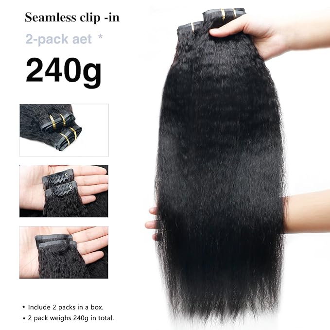 Kinky Straight Clip in Hair Extensions Real Human Hair 2 Pack 240g Seamless Clip in Hair Extensions for Women Full Max with 16Pcs PU Skin Weft 24inch Natural Black