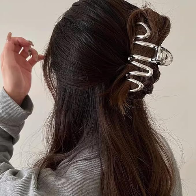 1 Pack Metal Sliver Hair Claw Clips Irregular Waves Design Hair Clips Fashion Hair Accessories Strong Hold Jaw Clamp Clip for Thick/Thin Hair Nonslip Hair Barrette for Women Girl Daily Hair Decoration