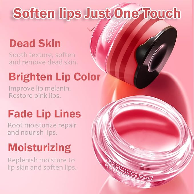 Strawberry Lip Balm, Sleeping Lip Mask, Exfoliating Honey Lip Balm, Hydrating & Prevention Dry and Cracked Lip Scrubs Exfoliator, Lip Repair Nourishes the Lip Skin