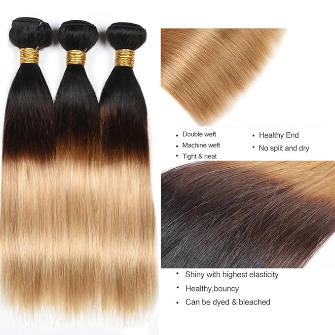 Ombre Human Hair Bundles Blonde Straight Bundle 3 Tone Brown And Honey Blonde Straight Bundles 24 26 28 Inch Double Weft Real Color 27 Bundle Hair Weave