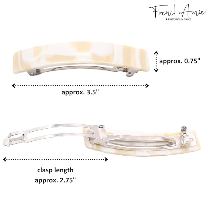 French Amie Oblong Handmade 3.5" Celluloid Automatic Hair Clip Barrette Hair Clip for Girls Strong Hold Hair Clips for Women No Slip Durable Paris Hair Accessories, Made in France (Cream Nouget)