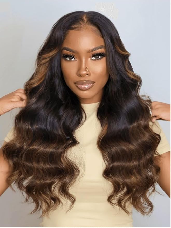 YIROO Ombre Chestnut Brown Bye Bye Knots Wig Loose Wave 7x5 Lace Front Glueless Wig Human Hair Pre Plucked Pre Cut Put on and Go Ready to Wear Wig Pre Bleached 150% Density 24inch