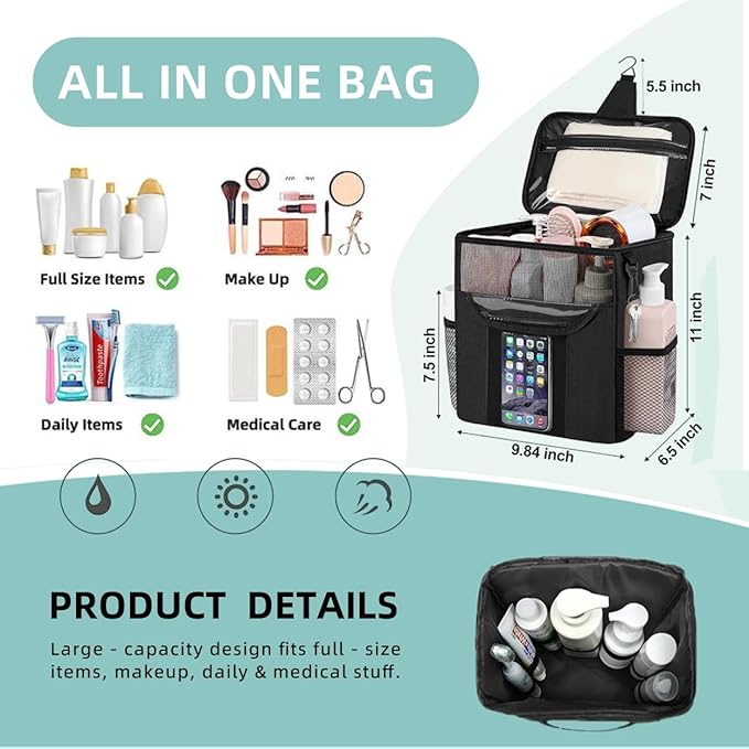 Dorm Essentials for Guys Shower Caddy Portable,Showe rBag,Travel Toiletry Bag,Personal Essentials for Men Women Camping Beach&Dorm Room&travelling&Makeup Organizer,Medium, Black