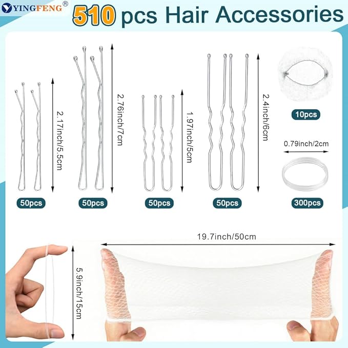 510PCS Silve Bobby Pins Hair Pins Kit with Hair Net, YINGFENG Includes 100 Bobby Pins for Women, 100 U-Shaped Buns Hair Clips, 300 Hair Bands and 10 White Hair Nets, for Gray Hair