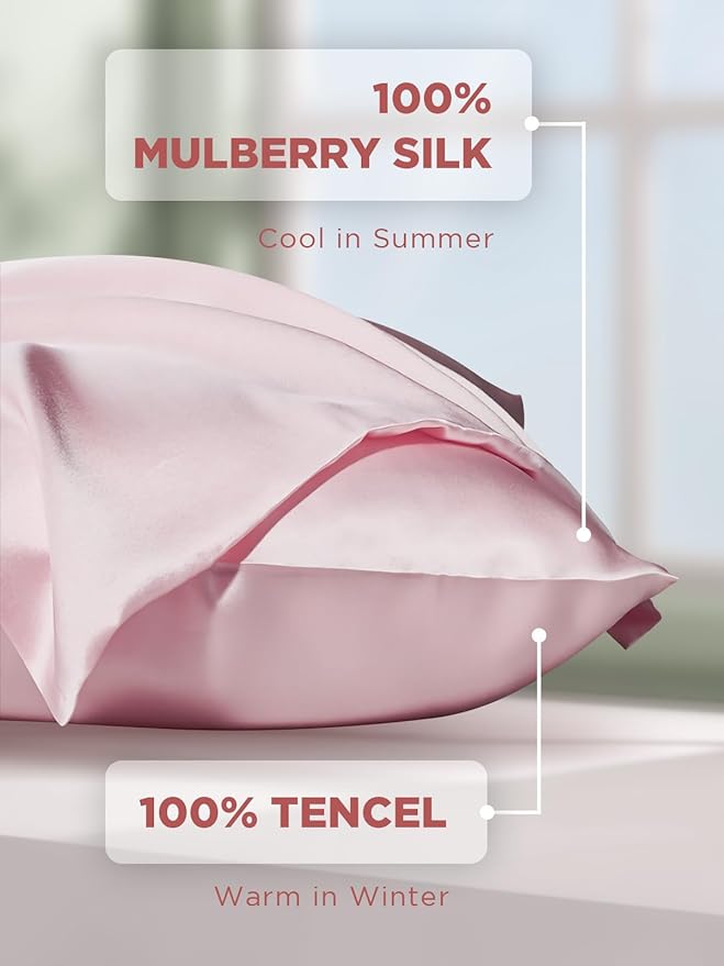 Mulberry Silk Pillowcase for Hair and Skin, SGMSILK 22 Momme Natural Silk Pillow Cases with Zipper, 6A Soft and Smooth Single Sided Pure Silk Pillow Cover (Soft Pink, King 20"x36")