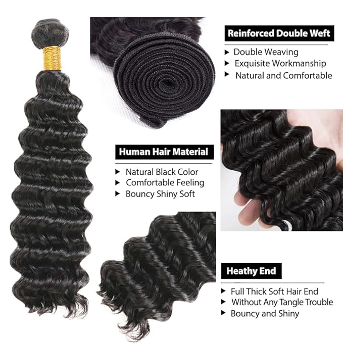 Human Hair Bundles Color 1B Deep Wave Bundles 20 Inch Double Weft Natural Black Deep Wave Bundle Hair Weave Niegmeag Brazilian Virgin Soft and Silky Remy Hair Extensions 100g
