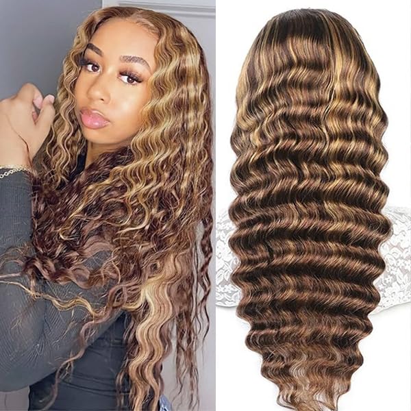 4/27 Deep Wave Lace Front Wigs Human Hair Honey Blonde Highlight Ombre Wigs Human Hair for Women 13x4 HD Transparent Lace Frontal Wigs Pre Plucked with Baby Hair 180 Density 28 Inch