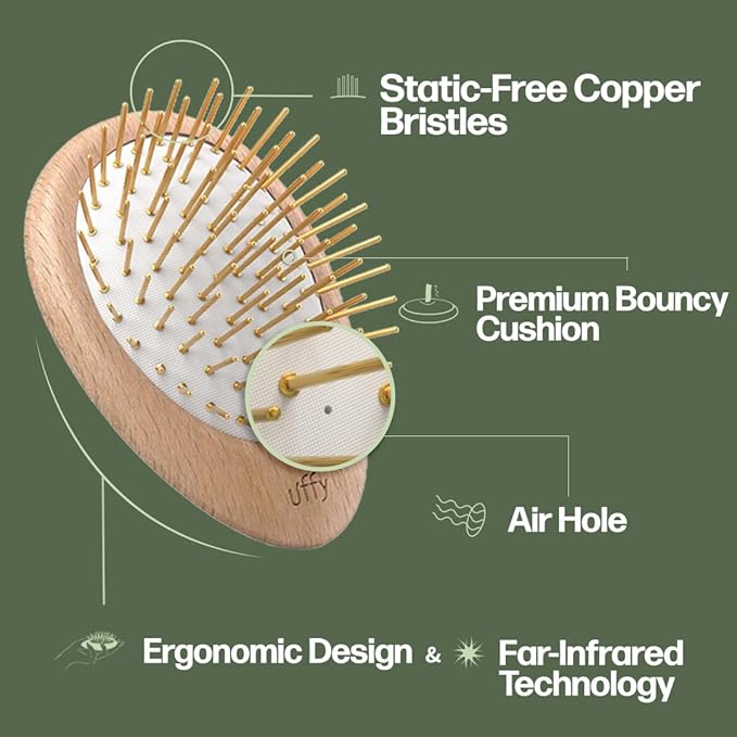 Uffy Acubrusher – 24K Gold-Plated Gua Sha Hair Brush - Ergonomic Scalp Massager for Dandruff & Hair Growth, Suitable for All Hair Types - Ideal Gift Choice in Walnut Wood