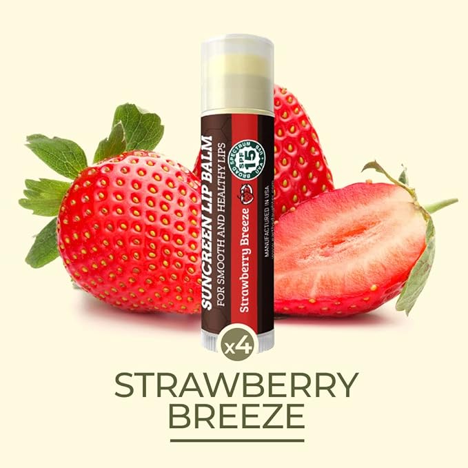 SPF Lip Balm 4-Pack by Earth's Daughter - Lip Sunscreen, SPF 15, Organic Ingredients, Strawberry Flavor, Beeswax, Coconut Oil, Vitamin E - Hypoallergenic, Paraben Free, Gluten Free