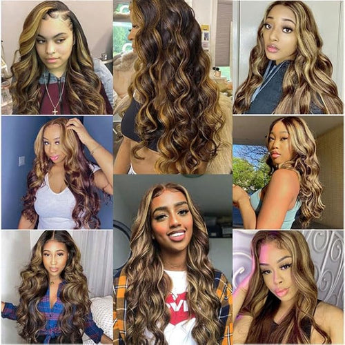 34 Inch Highlight Bundles Human Hair Blonde Body Wave Bundles Niegmeag Brazilian Virgin Soft and Silky Remy Hair Extensions 2 Tone Black and Honey Blonde Bundle