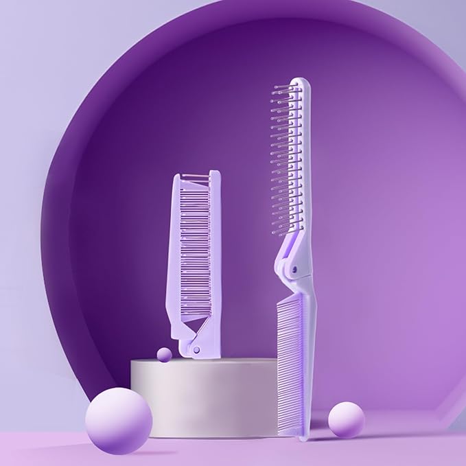RHOS Brand Hair Comb, Double Head Folding Travel Hair Brush - Mini Pocket Size Comb for Women and Girls, Detangling Hair Comb for Purse, Bags, All Hair Types (Purple)
