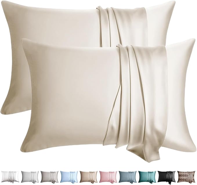 100% Silk Pillow Cases 2 Pack Standard Size Mulberry Silk Pillowcase for Hair and Skin Set of 2 Highest Grade 6A Silk Soft Breathable Cooling with Hidden Zipper, Beige