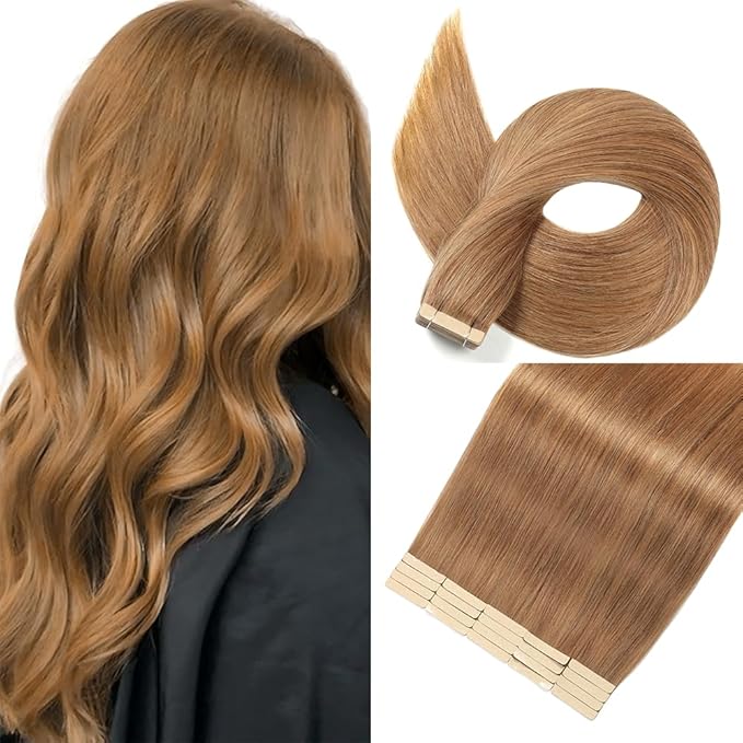 Tape in Hair Extensions Human Hair 16 Inch 20pcs Invisible Tape ins Hair Extensions Real Human Hair Golden Brown Remy Seamless Injected Tape Extensions