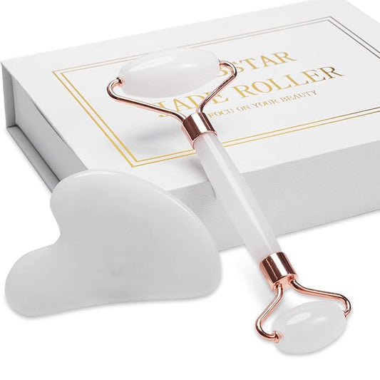 Jade Roller for Face, Facial Roller Massager Skin Care Tool, Gua Sha Facial Tools for Face, Neck, Eyes, Reduce Puffiness of The Skin - White