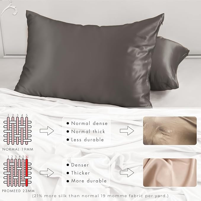 PROMEED 23 Momme Grade 6A+ Mulberry Silk Pillowcase 2 Pack, 100% Natural Silk Pillow Cases Set of 2, Premium Silk Pillow Case Cover for Hair and Skin (Queen 20"x30", Grey)