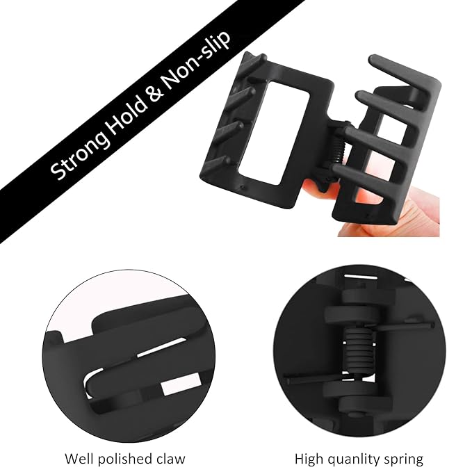 Matte Hair Clips Set: 4 PCS 2" Square Claw Clips for Thin and Thick Hair, All-Black Cute Clips for Women