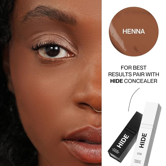 HIDE PREMIUM Liquid Foundation, SEE SHADE FINDER Below For Perfect Match, Multi-Use Waterproof Foundation, Medium/Full Coverage Foundation, Oil Free – We Have a Shade For All Skin Types, 1 fl. Oz. (Henna).