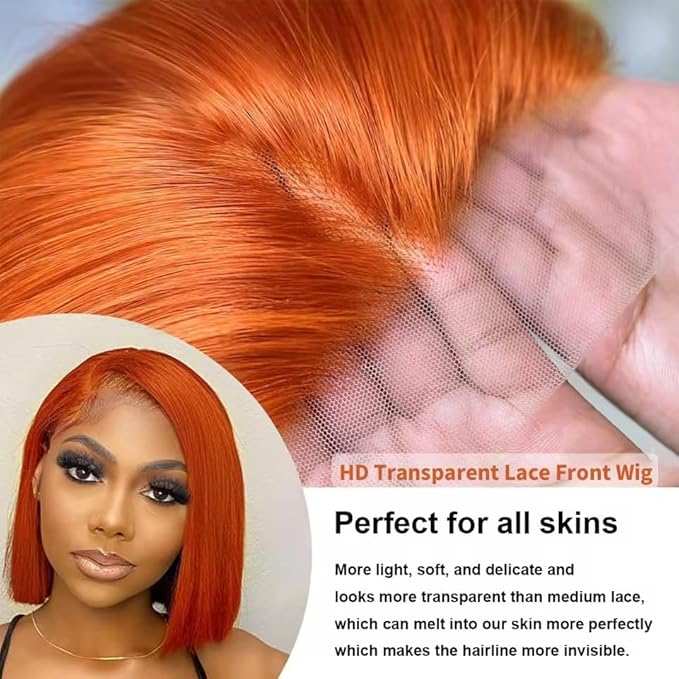 250% Density Ginger Bob Lace Front Wig Human Hair 13x4 Orange HD Lace Closure Human Hair Wig Pre Plucked with Baby Hair Short Ginger Straight Bob Colored Wig for Women 12 Inch