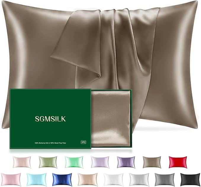 Mulberry Silk Pillowcase for Hair and Skin, SGMSILK 22 Momme Natural Silk Pillow Cases with Zipper, 6A Soft and Smooth Single Sided Pure Silk Pillow Cover (Dark Brown, Standard 20"x26")