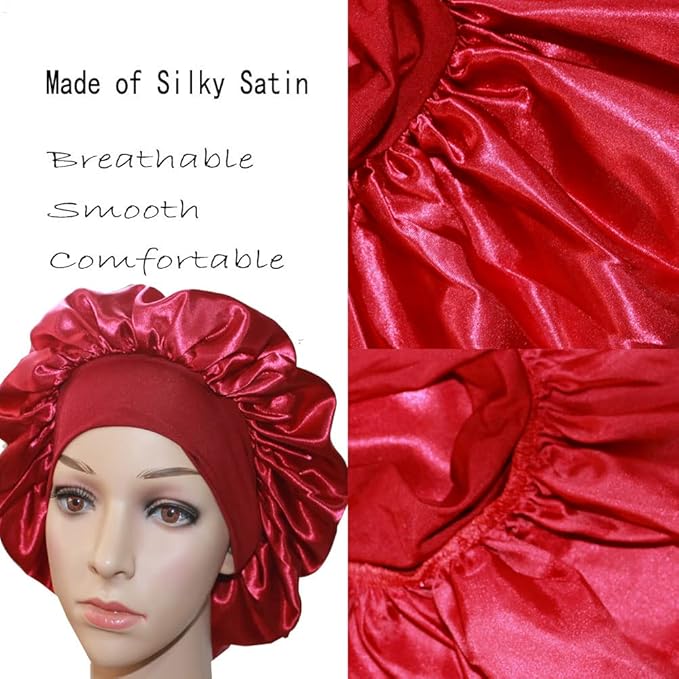 VEYRNEIC Hair Satin Bonnet for Sleeping Shower Caps Silk Chemo Caps with Wide Elastic Band Night Sleep Cap Bonnets for Black Women Braids with Satin Storage Bag (Wine Red)