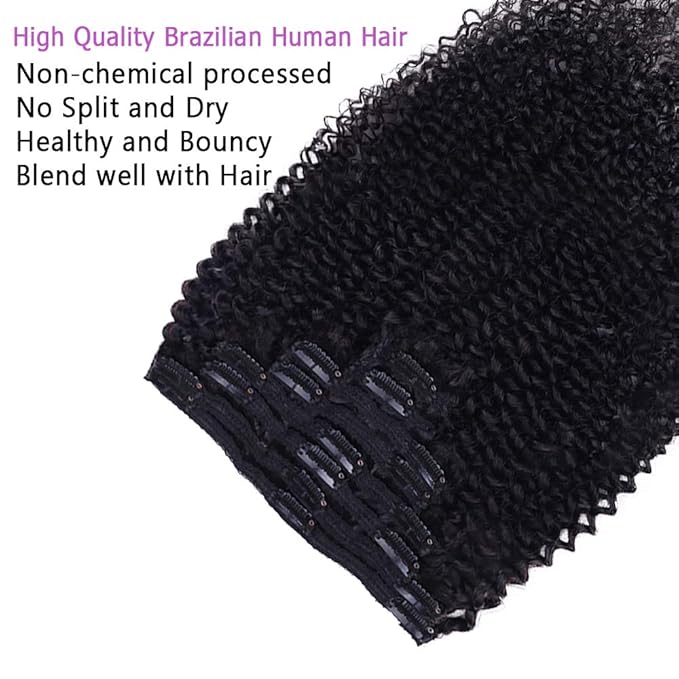 Curly Clip In Extension Human Hair 3C 4A Kinky Curly Clip Ins Full Head for Black Women Brazilian Remy Human Hair Natural Color 8Pcs with18clips 120g/Set (16 inch, curly wave)