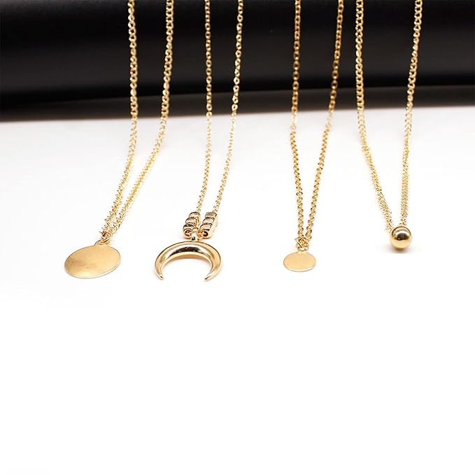 Bohemia Layered Coin Choker Necklace Moon Crescent Pendant Necklace Chain Gold Tiny Ball Necklace Multi Layer Disc Necklace Chain Jewelry for Women and Girls