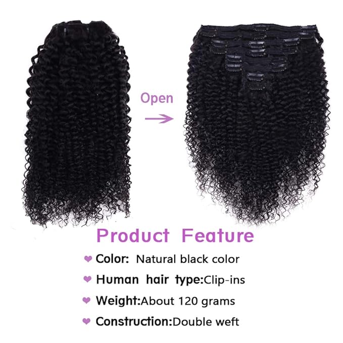 Curly Clip In Extension Human Hair 3C 4A Kinky Curly Clip Ins Full Head for Black Women Brazilian Remy Human Hair Natural Color 8Pcs with18clips 120g/Set (26 inch, curly wave)