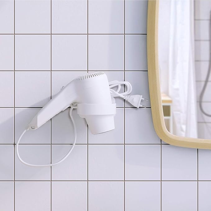 Hair Dryer Holder Wall Mounted, Bathroom Blow Dryer Stand, Self Adhesive Blow Hair Dryer Hanging Loop, Compatible with Most Hair Dryers (White, L 3.7”×W 2.1”×H 4.3”)