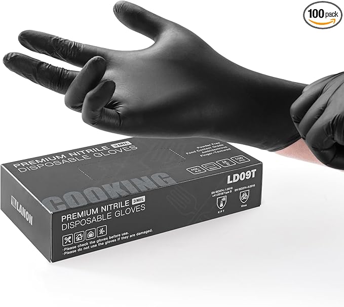 LANON Food Safe Disposable Nitrile Gloves, Latex-Free, Powder-Free, Silicone-Free, Textured Fingertips, Cooking, Black，Large