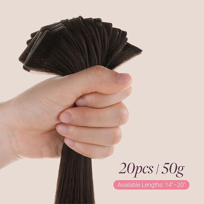 GOO GOO Genius Tape in Hair Extensions, Hand Tied Tape Weft, 2 Dark Brown, 18inch 50g 20pcs, Remy Human Hair, Seamless Invisible Tape, Natural Blend, Lightweight