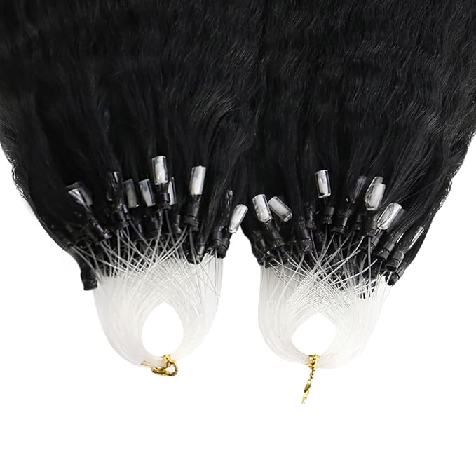 YoungSee Micro Beads Hair Extensions Human Hair Kinky Straight 22 Inch Black Microbead Hair Extensions Human Hair Black 50g Beaded Hair Extension Yaki 50s Invisible Microloop Remy Hair