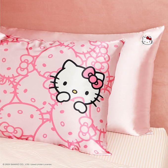 Kitsch x Hello Kitty Pillow Case – Pink Kitty Faces Toddler Bed Time Satin Pillowcase with Zipper – Soft Cooling Pillow Cover for Hair & Skin – Better Than Silk Pillowcase - King Size 19x36