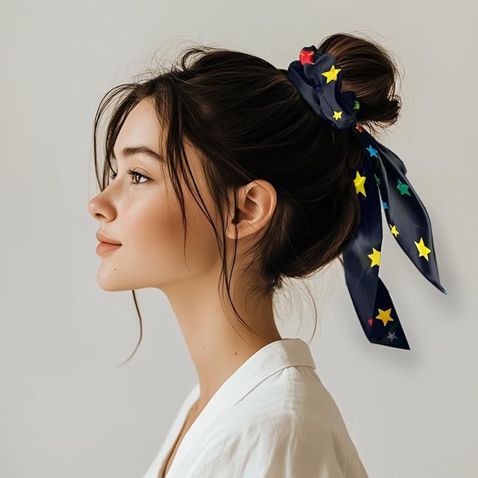 Star Hair Scarf for Women Ponytail Scrunchies Fashion Travel Accessory 2 Pcs Silky Hair Scrunchy Ribbon Scrunchies Ponytail Holder