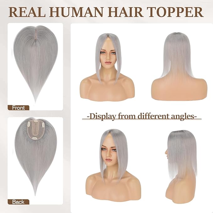 Rich Choices Hair Toppers for Women Real Human Hair 100% Human Remy Toppers NO Bangs for Women with Thinning on Top Clip in Hairpiece 4"x4.7"Lace Base 8 Inch Gray