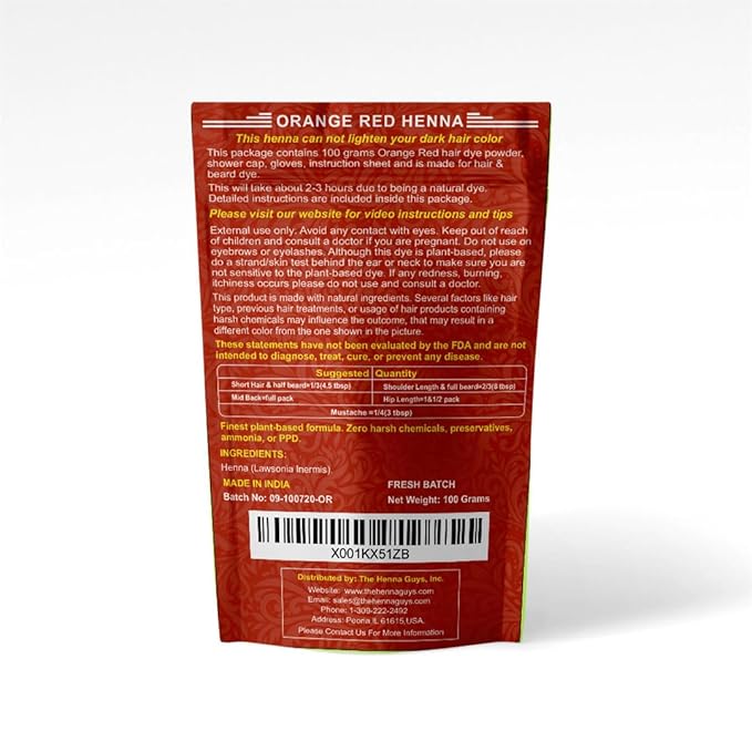 1 Pack Of Red/Orange Henna Hair & Beard Color/Dye 100 Grams - Natural Hair Color, Plant-based Hair Dye - The Henna Guys