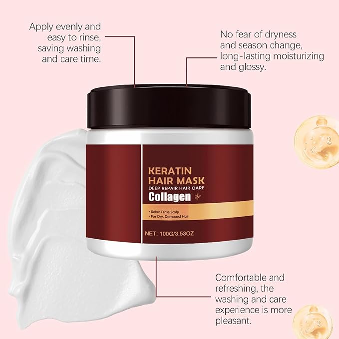 Keratin & Collagen Hair Mask for Dry Damaged Hair - Deep Repair Treatment with Hydrolyzed Keratin, Frizz Control & Split Ends Repair, Moisturizing Hair Care, 3.53 oz (1, pcs)