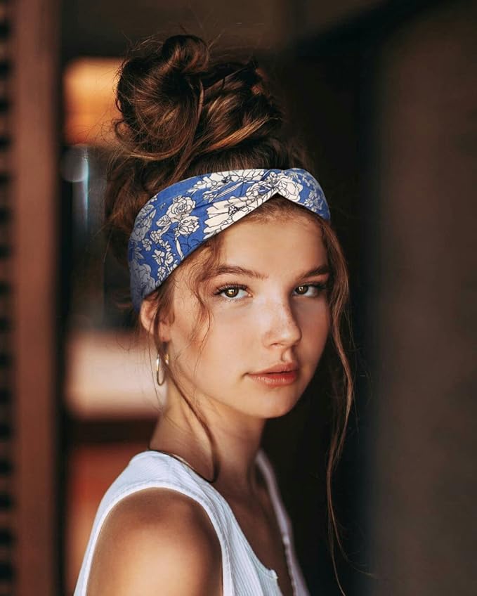 Huachi Boho Headbands for Women Twist Head Band Soft Elastic Hair Bands for Teen Girls Head Wrap Fashion Accessories, Floral Print Plus Solid Colors