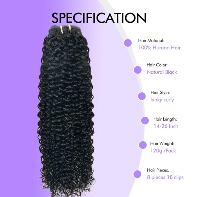 Seamless 3C 4A Kinky Curly Clip In Extension PU Weft Curly Clip in Extension Human Hair Clip Ins Full Head for Black Women Brazilian Remy Human Hair Natural Color 8Pcs with18clips 120g/Set (22 inch)