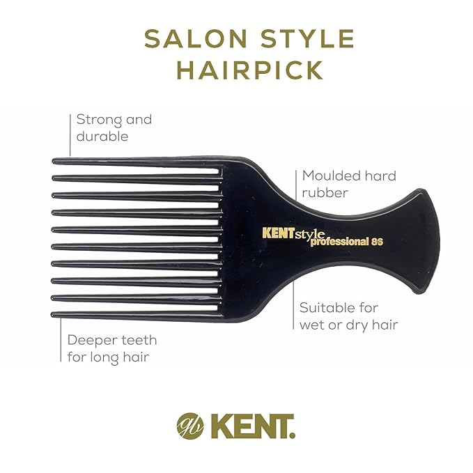 Kent SPC86 Black Salon-Style Professional Pick and Barber Comb - Afro Parting Comb for the Care of Curly and Thick Hair - Sleek style comb,Anti-Fatigue with a Rubberized Professional Finish