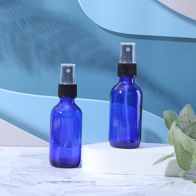 2oz Blue Glass Spray Bottles,Empty Small Perfume Travel Refillable Reusable Fine Mister Spray Bottle for Hair,Cleaning Solutions,Aromatherapy and Essential Oil with Extra Nozzle(2 Pack)