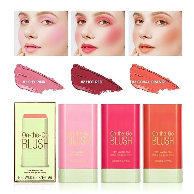 On-the-Go Makeup Blush Stick Tinted Moisture Stick, Shadow Lips Cheek Blusher Creamy Makeup Long Lasting Natural Nude Makeup for All Skin (pink)